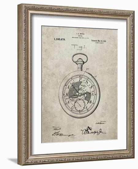 PP112-Sandstone U.S. Watch Co. Pocket Watch Patent Poster-Cole Borders-Framed Giclee Print