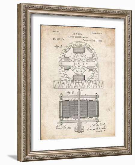 PP173- Vintage Parchment Tesla Electro Motor Patent Poster-Cole Borders-Framed Giclee Print
