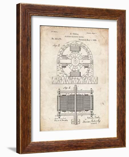 PP173- Vintage Parchment Tesla Electro Motor Patent Poster-Cole Borders-Framed Giclee Print