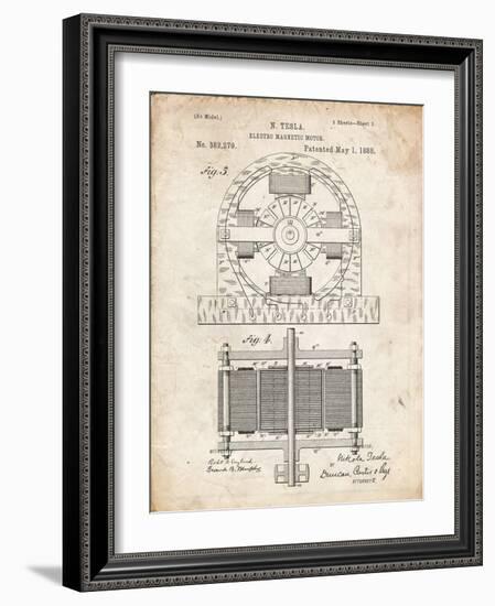 PP173- Vintage Parchment Tesla Electro Motor Patent Poster-Cole Borders-Framed Giclee Print