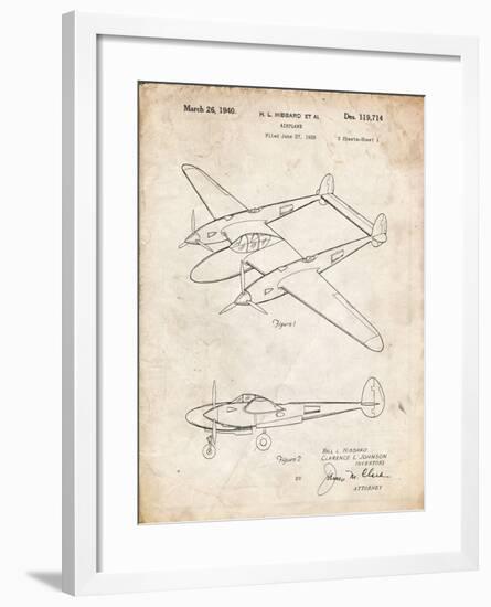 PP277-Vintage Parchment Lockheed P-38 Lightning Patent Poster-Cole Borders-Framed Giclee Print