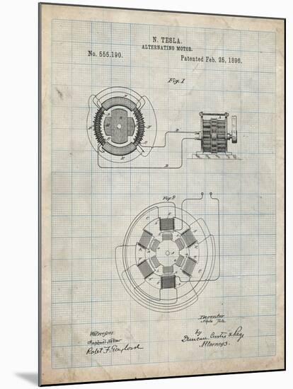 PP505-Antique Grid Parchment Tesla Alternating Motor Patent Poster-Cole Borders-Mounted Giclee Print