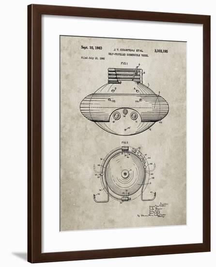 PP898-Sandstone Jacques Cousteau Submersible Vessel Patent Poster-Cole Borders-Framed Giclee Print