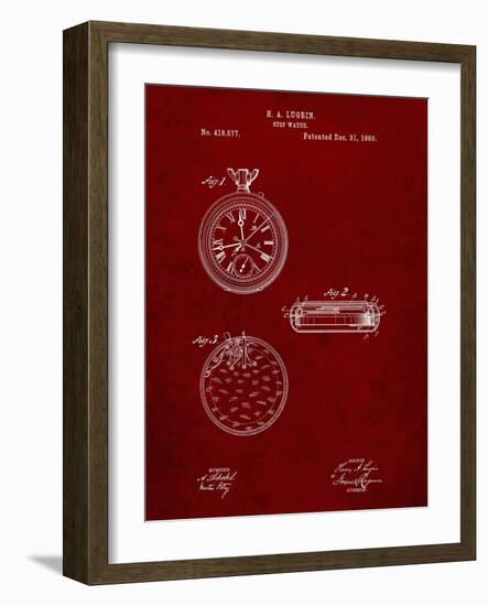 PP940-Burgundy Lemania Swiss Stopwatch Patent Poster-Cole Borders-Framed Giclee Print