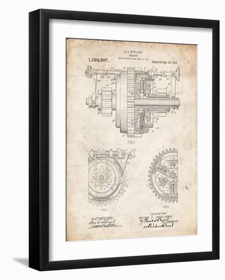 PP953-Vintage Parchment Mechanical Gearing 1912 Patent Poster-Cole Borders-Framed Giclee Print