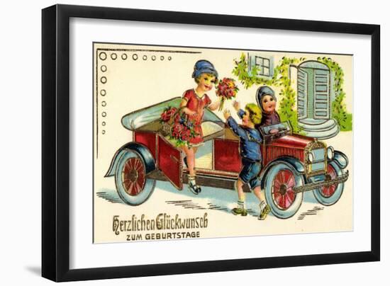 Präge Glückwunsch Geburtstag, Auto, Kind, Blumen-null-Framed Giclee Print