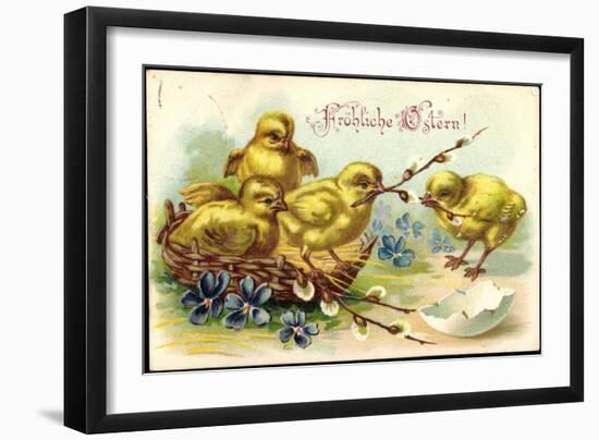 Präge Glückwunsch Ostern, Küken, Korb, Zweige-null-Framed Giclee Print