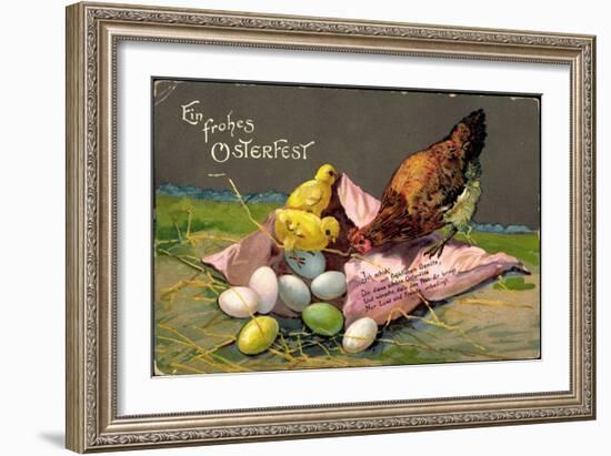 Präge Glückwunsch Ostern, Küken Mit Eiern, Henne-null-Framed Giclee Print