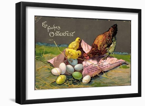 Präge Glückwunsch Ostern, Küken Mit Eiern, Henne-null-Framed Giclee Print
