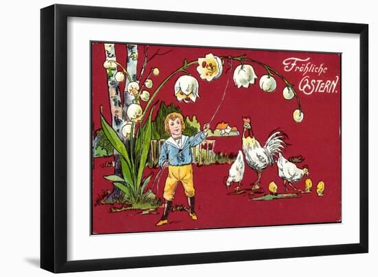 Präge Glückwunsch Ostern, Maiglöckchen, Henne, Küken-null-Framed Giclee Print