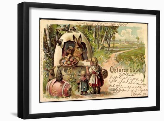 Präge Litho Frohe Ostern, Osterhase, Eier, Kinder, Maus-null-Framed Giclee Print