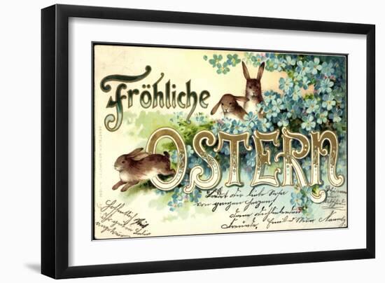 Präge Litho Frohe Ostern, Osterhasen Im Gebüsch, Blumen-null-Framed Giclee Print