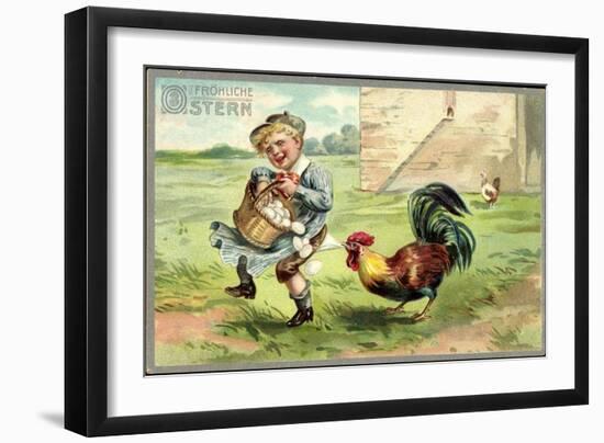 Präge Litho Glückwunsch Ostern, Ein Hahn Zwickt Kind-null-Framed Giclee Print