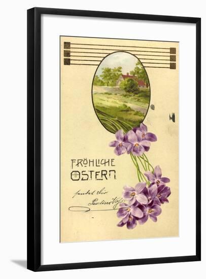 Präge Litho Glückwunsch Ostern, Haus, Bäume, Veilchen-null-Framed Giclee Print