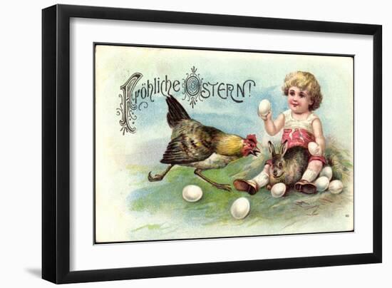 Präge Litho Glückwunsch Ostern, Kind, Hase, Henne, Eier-null-Framed Giclee Print