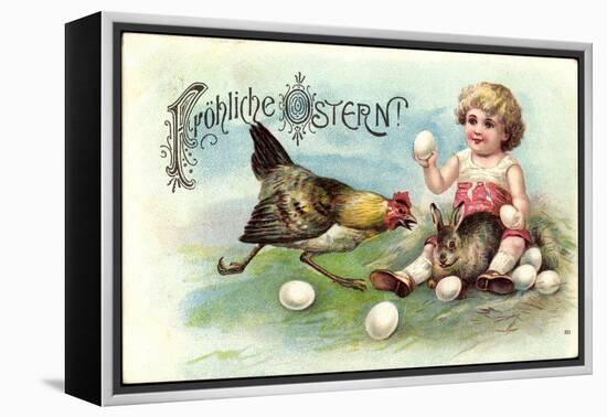 Präge Litho Glückwunsch Ostern, Kind, Hase, Henne, Eier-null-Framed Premier Image Canvas