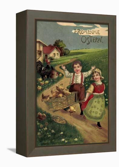 Präge Litho Glückwunsch Ostern, Kinder Mit Küken, Land-null-Framed Premier Image Canvas