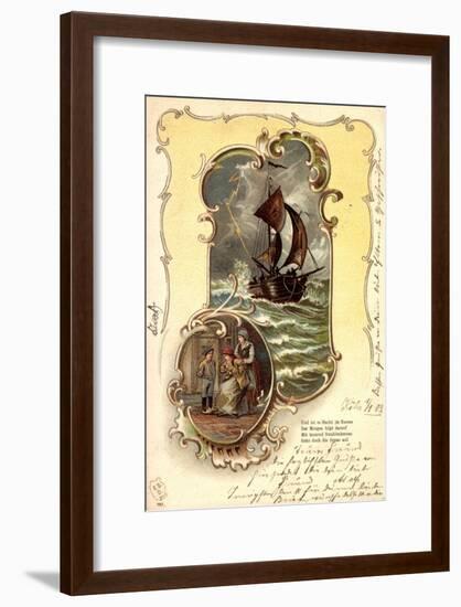 Präge Passepartout Litho, Segelboot, Frauen, Gedicht-null-Framed Giclee Print