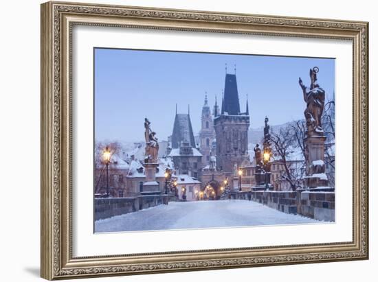 Prague - Charles Bridge Tower Nad St. Nicolas Church on Winter Morning-null-Framed Photographic Print