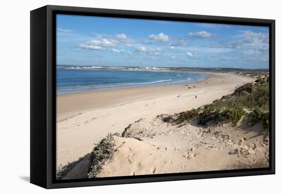 Praia de Peniche de Cima beach backed by sand dunes and popular with surfers-Stuart Black-Framed Premier Image Canvas