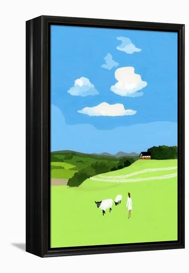 Prairie and sheep-Hiroyuki Izutsu-Framed Premier Image Canvas