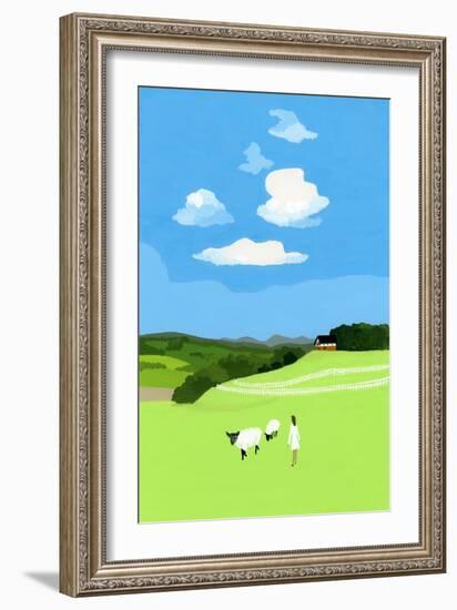 Prairie and sheep-Hiroyuki Izutsu-Framed Giclee Print