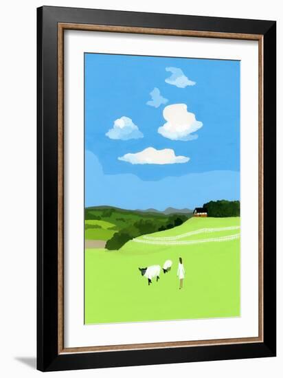 Prairie and sheep-Hiroyuki Izutsu-Framed Giclee Print
