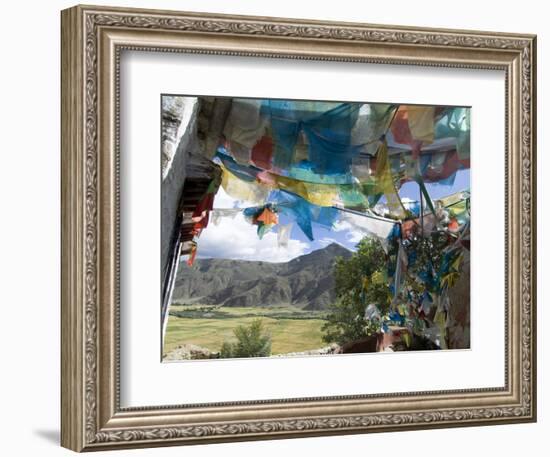 Prayer Flags and View Over Cultivated Fields, Yumbulagung Castle, Tibet, China-Ethel Davies-Framed Photographic Print