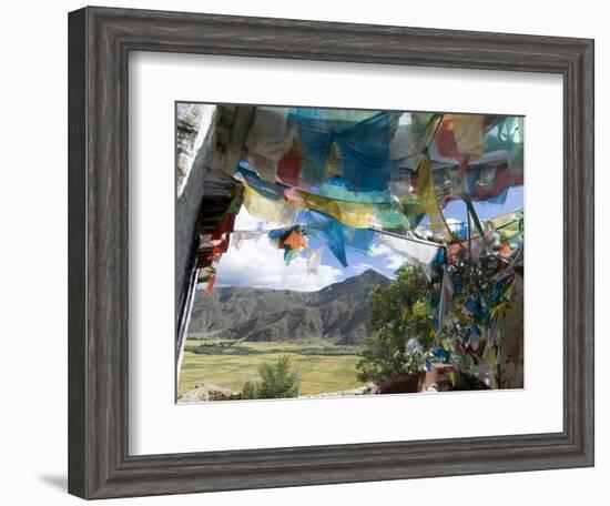 Prayer Flags and View Over Cultivated Fields, Yumbulagung Castle, Tibet, China-Ethel Davies-Framed Photographic Print