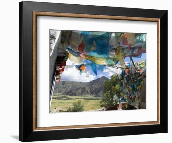 Prayer Flags and View Over Cultivated Fields, Yumbulagung Castle, Tibet, China-Ethel Davies-Framed Photographic Print