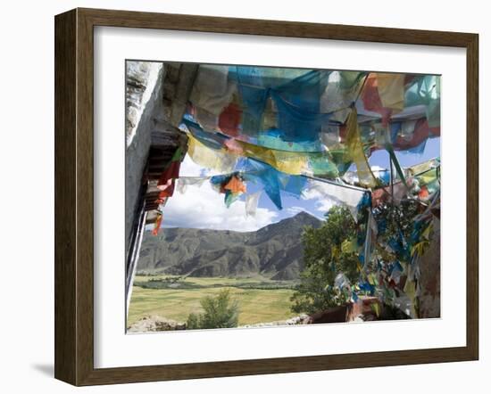 Prayer Flags and View Over Cultivated Fields, Yumbulagung Castle, Tibet, China-Ethel Davies-Framed Photographic Print