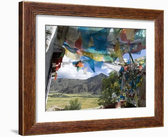 Prayer Flags and View Over Cultivated Fields, Yumbulagung Castle, Tibet, China-Ethel Davies-Framed Photographic Print