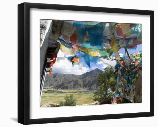 Prayer Flags and View Over Cultivated Fields, Yumbulagung Castle, Tibet, China-Ethel Davies-Framed Photographic Print