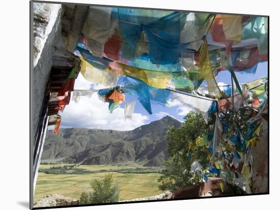 Prayer Flags and View Over Cultivated Fields, Yumbulagung Castle, Tibet, China-Ethel Davies-Mounted Photographic Print