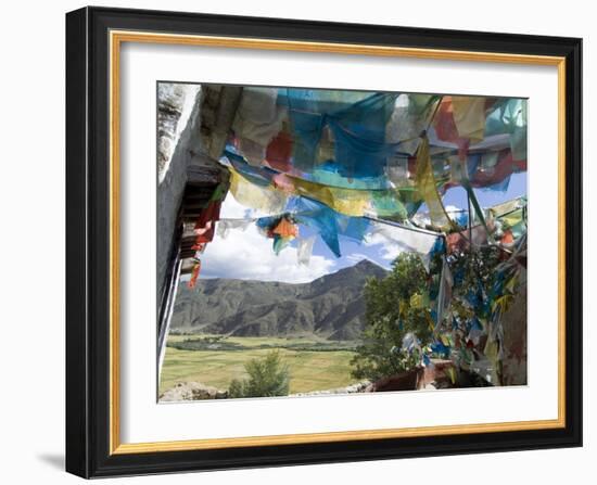 Prayer Flags and View Over Cultivated Fields, Yumbulagung Castle, Tibet, China-Ethel Davies-Framed Photographic Print