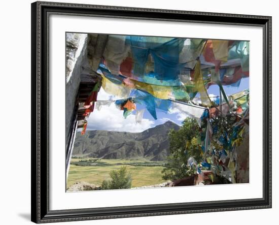 Prayer Flags and View Over Cultivated Fields, Yumbulagung Castle, Tibet, China-Ethel Davies-Framed Photographic Print