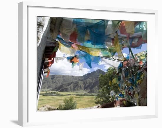 Prayer Flags and View Over Cultivated Fields, Yumbulagung Castle, Tibet, China-Ethel Davies-Framed Photographic Print