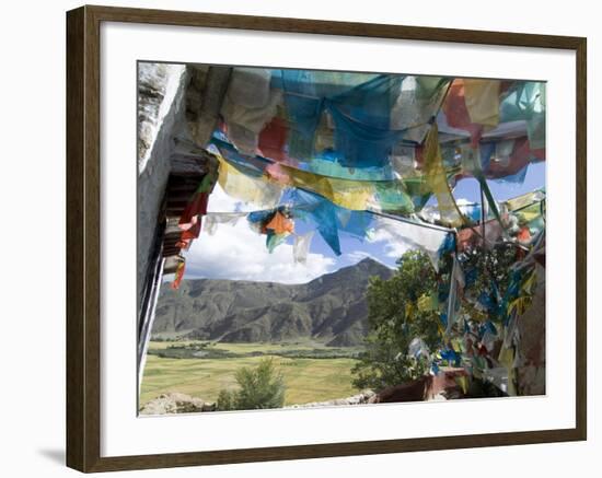 Prayer Flags and View Over Cultivated Fields, Yumbulagung Castle, Tibet, China-Ethel Davies-Framed Photographic Print