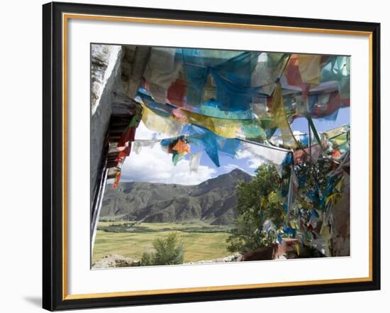 Prayer Flags and View Over Cultivated Fields, Yumbulagung Castle, Tibet, China-Ethel Davies-Framed Photographic Print