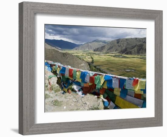 Prayer Flags and View Over Cultivated Fields, Yumbulagung Castle, Tibet, China-Ethel Davies-Framed Photographic Print