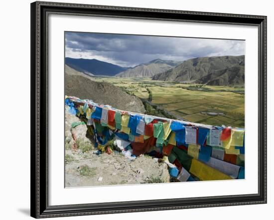 Prayer Flags and View Over Cultivated Fields, Yumbulagung Castle, Tibet, China-Ethel Davies-Framed Photographic Print