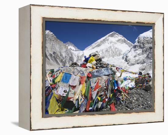 Prayer Flags at the Everest Base Camp Sign, Sagarmatha National Park, Himalayas-Christian Kober-Framed Premier Image Canvas