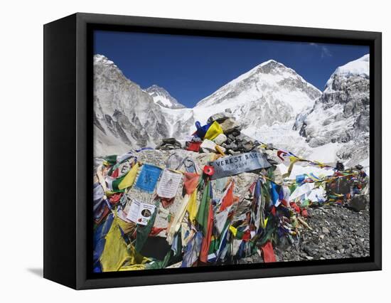 Prayer Flags at the Everest Base Camp Sign, Sagarmatha National Park, Himalayas-Christian Kober-Framed Premier Image Canvas