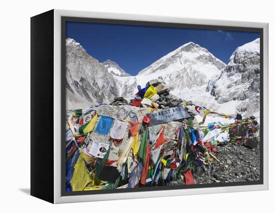 Prayer Flags at the Everest Base Camp Sign, Sagarmatha National Park, Himalayas-Christian Kober-Framed Premier Image Canvas