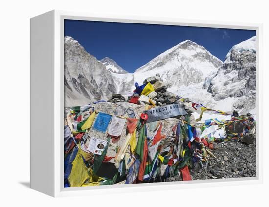 Prayer Flags at the Everest Base Camp Sign, Sagarmatha National Park, Himalayas-Christian Kober-Framed Premier Image Canvas