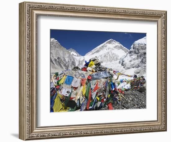 Prayer Flags at the Everest Base Camp Sign, Sagarmatha National Park, Himalayas-Christian Kober-Framed Photographic Print