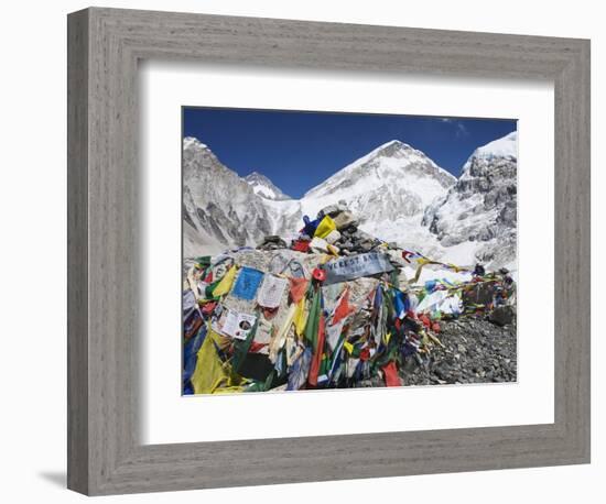 Prayer Flags at the Everest Base Camp Sign, Sagarmatha National Park, Himalayas-Christian Kober-Framed Photographic Print