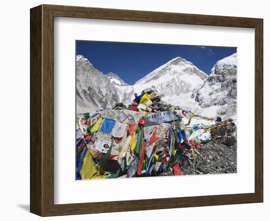 Prayer Flags at the Everest Base Camp Sign, Sagarmatha National Park, Himalayas-Christian Kober-Framed Photographic Print