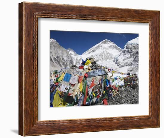 Prayer Flags at the Everest Base Camp Sign, Sagarmatha National Park, Himalayas-Christian Kober-Framed Photographic Print