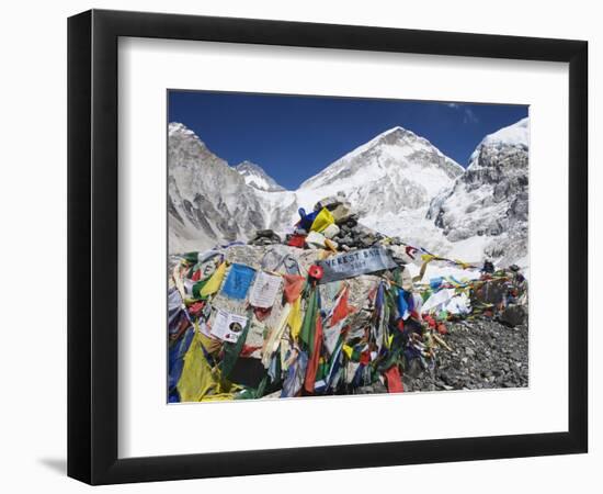 Prayer Flags at the Everest Base Camp Sign, Sagarmatha National Park, Himalayas-Christian Kober-Framed Photographic Print